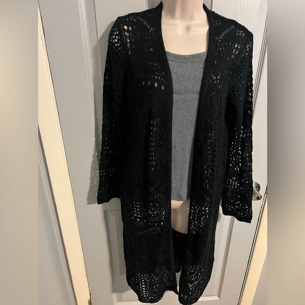 Women’s Crochet Sweater Duster by Chelsea & Theodore , Black, Size Medium Color